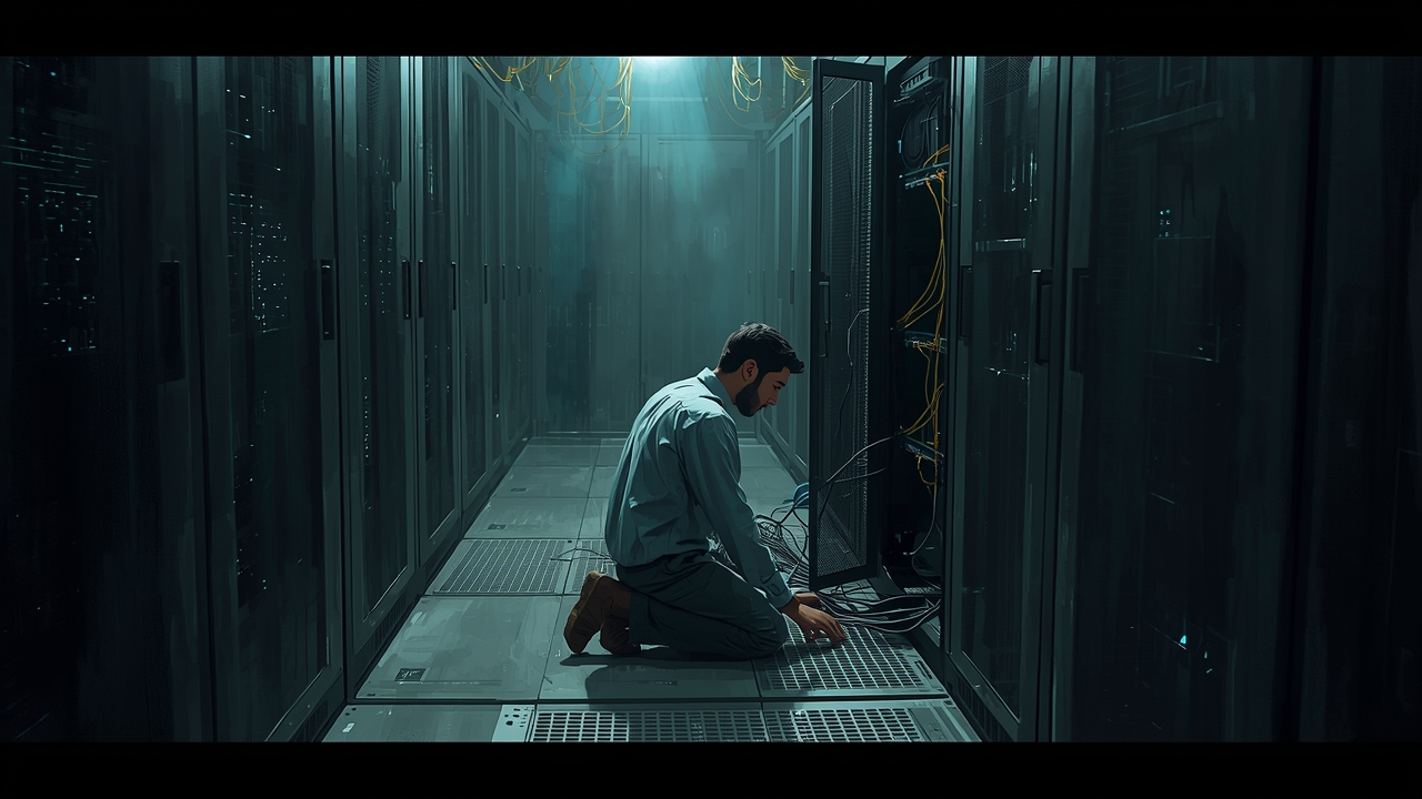 Technician investigates AI model breach in server room