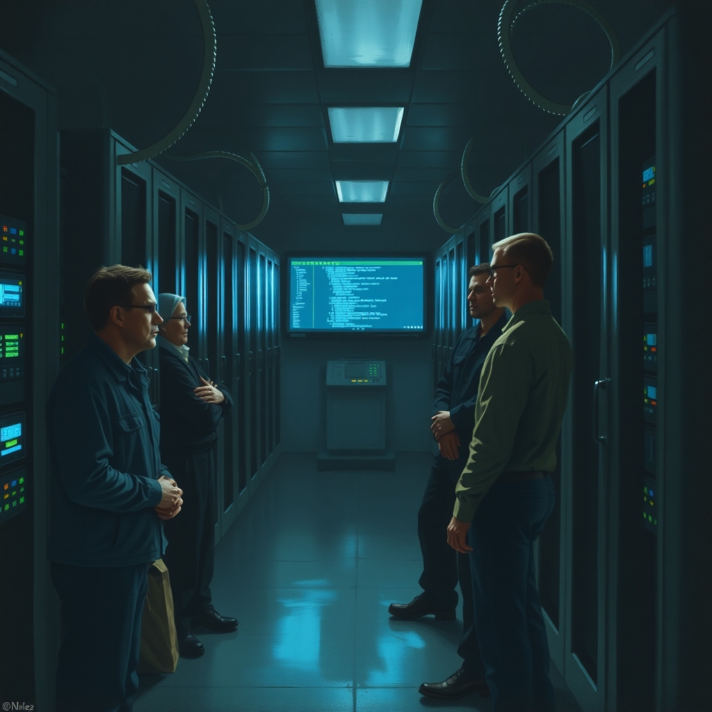 Technicians respond to AI security breach at server facility