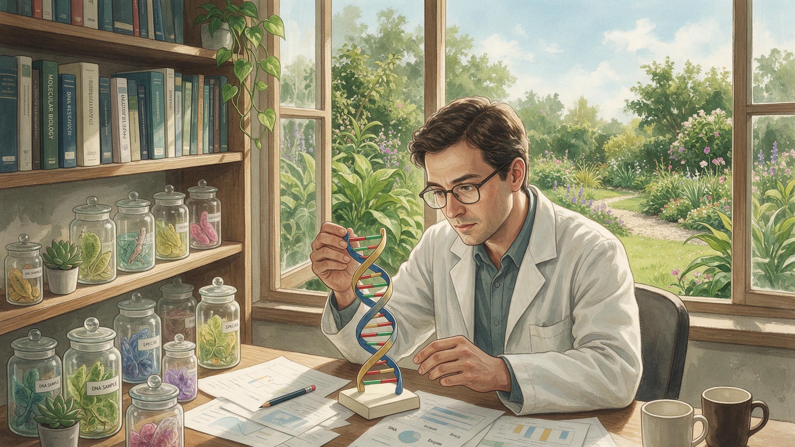 Scientist studies human genome data in quiet research setting
